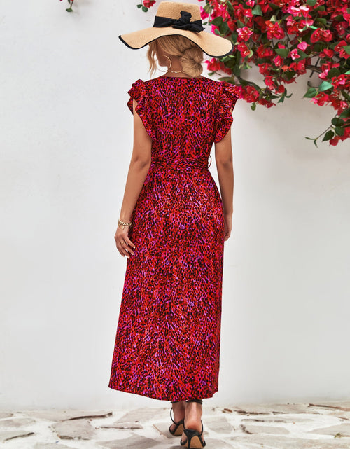 Load image into Gallery viewer, Printed Surplice Neck Flutter Sleeve Slit Dress
