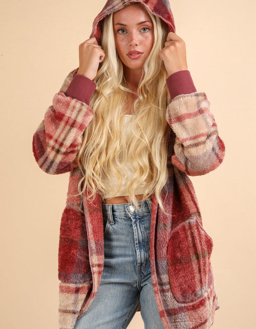 Load image into Gallery viewer, VERY J Fuzzy Plaid Long Sleeve Hooded Jacket
