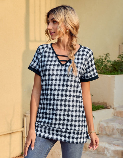 Load image into Gallery viewer, Houndstooth V-Neck Short Sleeve T-Shirt
