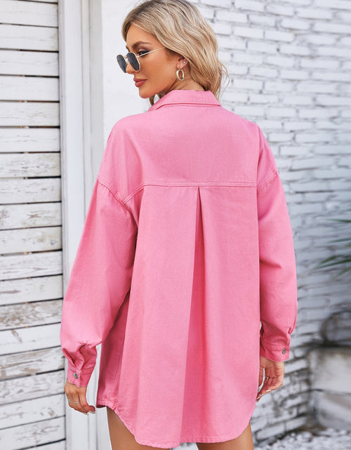 Load image into Gallery viewer, Pocketed Snap Down Dropped Shoulder Denim Shacket
