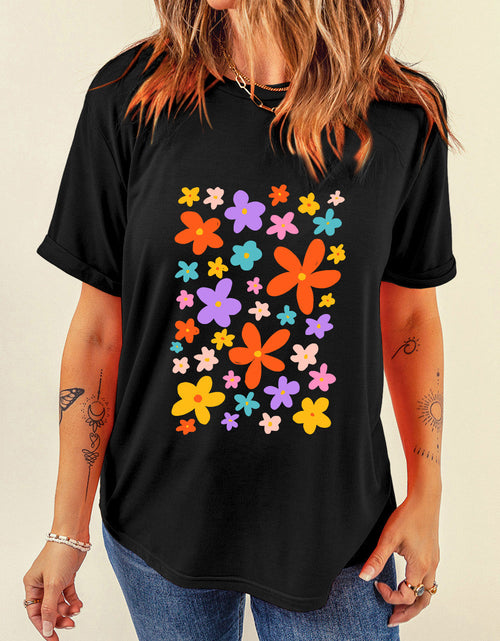 Load image into Gallery viewer, Flower Graphic Round Neck Short Sleeve T-Shirt

