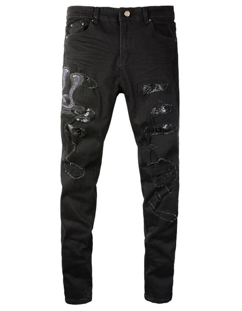 Load image into Gallery viewer, Men's Washed Snake Embroidered Slim Jeans
