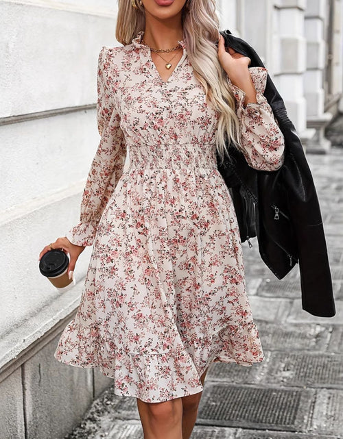 Load image into Gallery viewer, Ruffle Hem Floral Surplice Long Sleeve Dress
