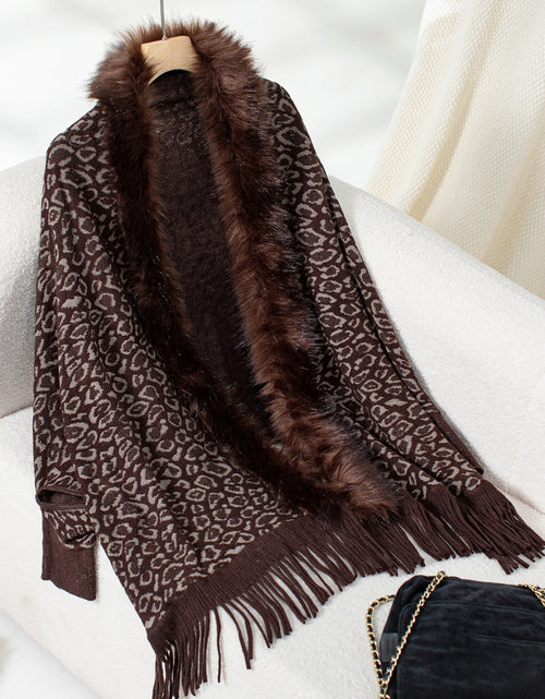 Load image into Gallery viewer, Fringe Leopard Open Front Long Sleeve Poncho

