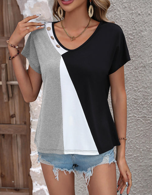 Load image into Gallery viewer, Ivy Lane Color Block Decorative Button V-Neck Tee
