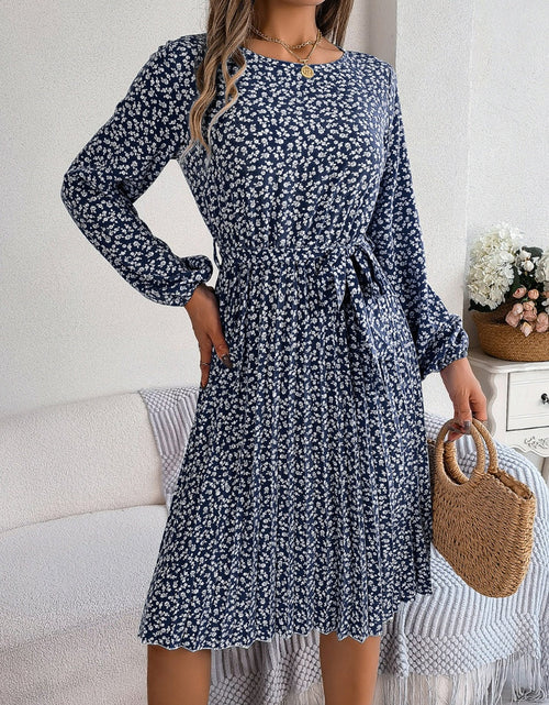 Load image into Gallery viewer, Ditsy Floral Tie Waist Pleated Dress
