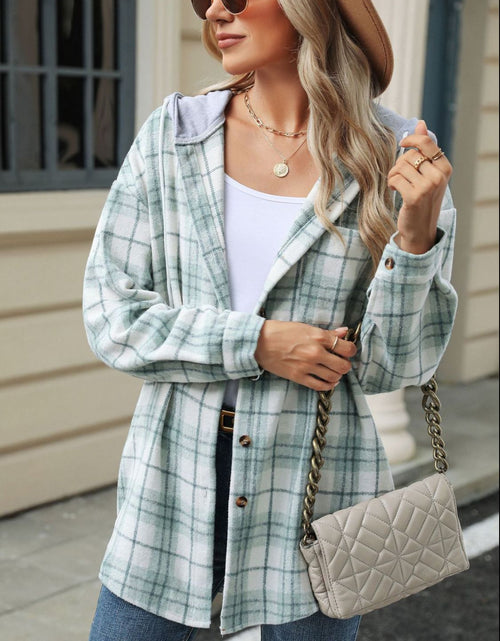 Load image into Gallery viewer, Drawstring Plaid Button Up Hooded Jacket
