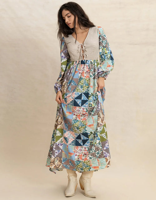 Load image into Gallery viewer, Tied Front Printed Long Sleeve Maxi Dress

