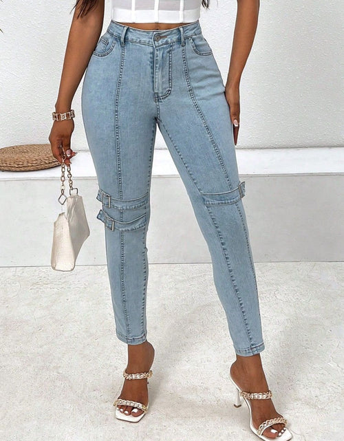 Load image into Gallery viewer, Decorative Buckle Skinny Jeans with Pockets
