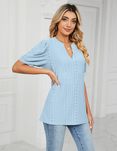 Load image into Gallery viewer, Eyelet Short Puff Sleeve Notched Neck Top
