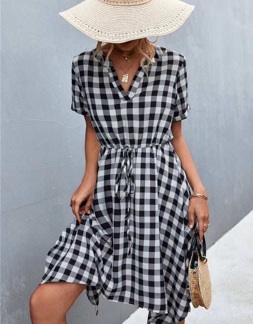 Load image into Gallery viewer, Plaid Notched Short Sleeve Dress
