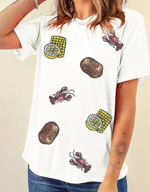 Load image into Gallery viewer, Sequin Crawfish Potato Round Neck Short Sleeve T-Shirt
