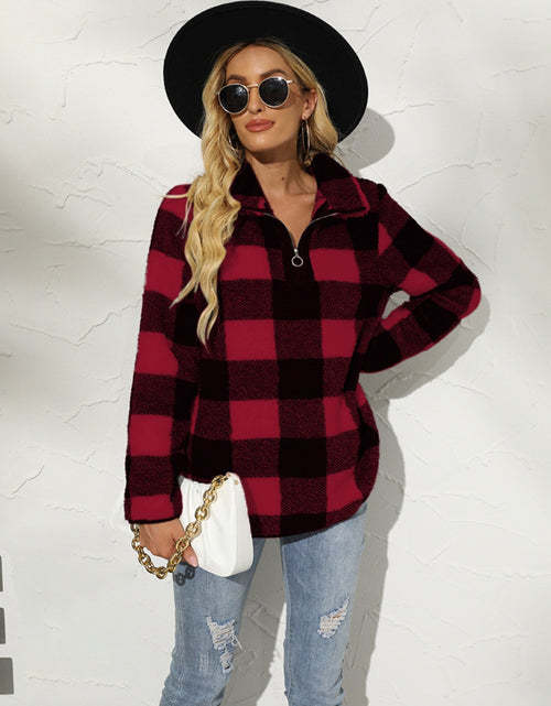 Load image into Gallery viewer, Shiny Plaid Half Zip Long Sleeve Sweatshirt
