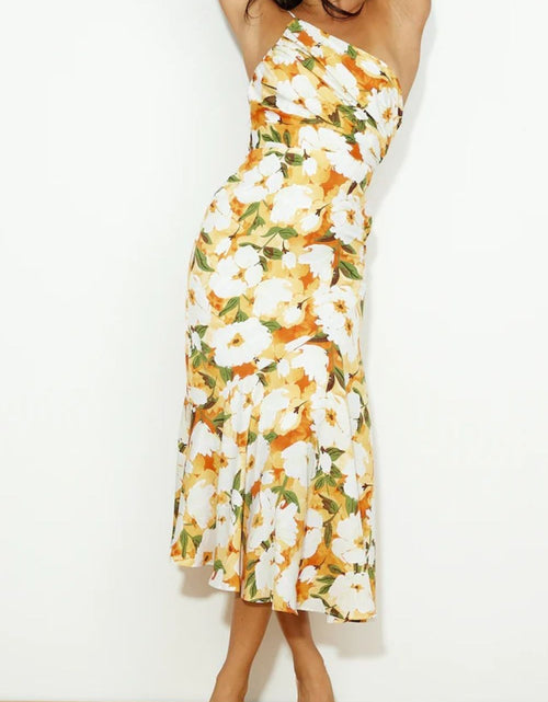 Load image into Gallery viewer, Ruched Printed Single Shoulder Midi Dress
