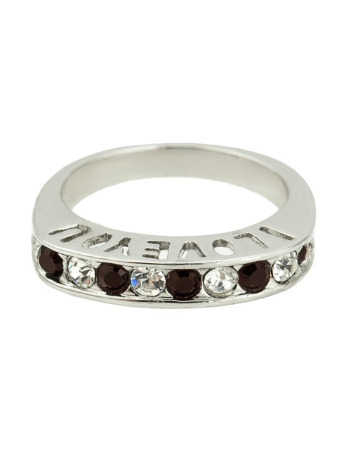Load image into Gallery viewer, Vintage 1980s I Love You Ring Band Ring Garnet and Clear Austrian Crystals Imported by PVD Vintage Jewelry
