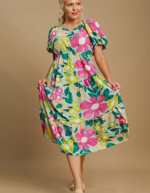 Load image into Gallery viewer, Umgee Full Size Tiered Floral Print Notched Puff Sleeve Midi Dress Plus Size
