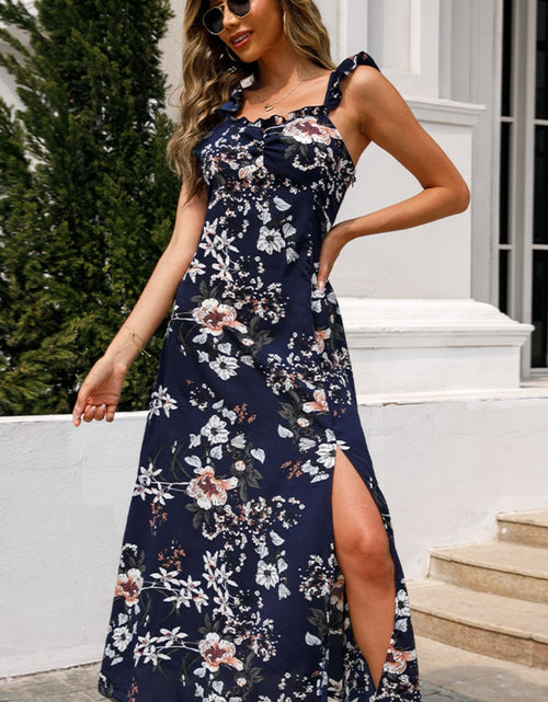 Load image into Gallery viewer, Shiny Floral Print Sleeveless Square Neck Slit Midi Dress
