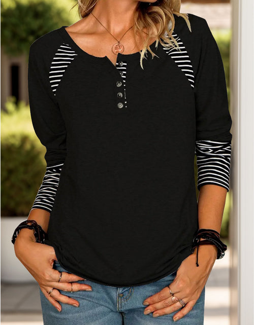Load image into Gallery viewer, Full Size Striped Quarter Button Long Sleeve T-Shirt
