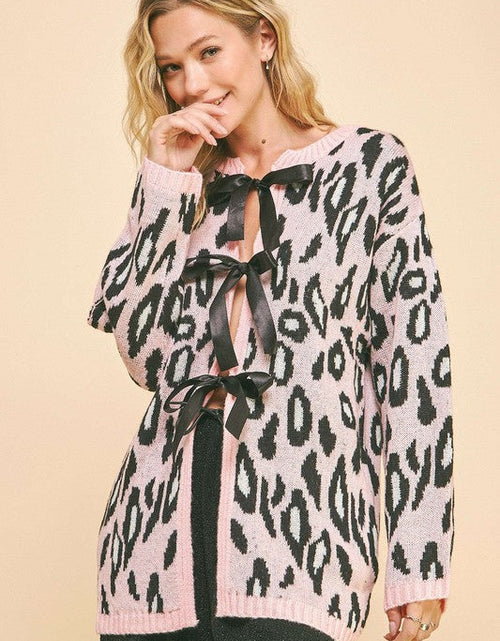 Load image into Gallery viewer, Davi &amp; Dani Leopard Ribbon Tie Front Loose Fit Cardigan
