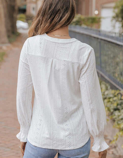 Load image into Gallery viewer, Openwork Notched Flounce Sleeve Blouse
