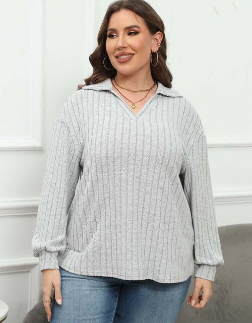 Load image into Gallery viewer, Plus Size Ribbed Collared Neck Long Sleeve Blouse
