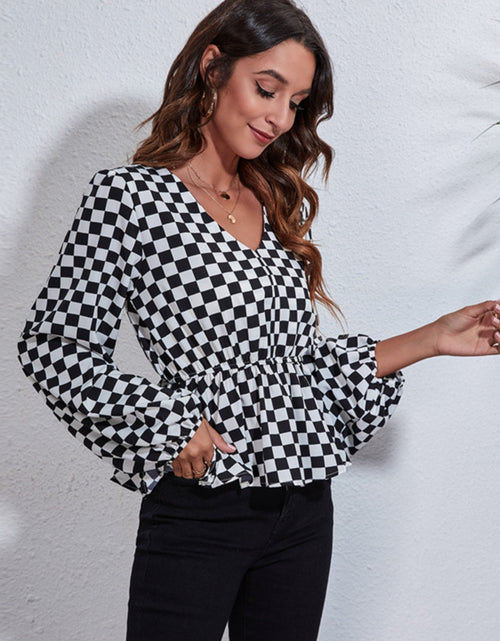 Load image into Gallery viewer, Checkered V-Neck Balloon Sleeve Peplum Blouse
