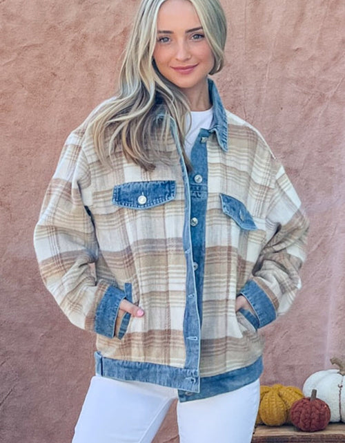 Load image into Gallery viewer, And The Why Full Size Washed Denim Detail Brushed Plaid Jacket
