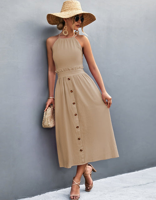 Load image into Gallery viewer, Buttoned Halter Neck Frill Trim Midi Dress
