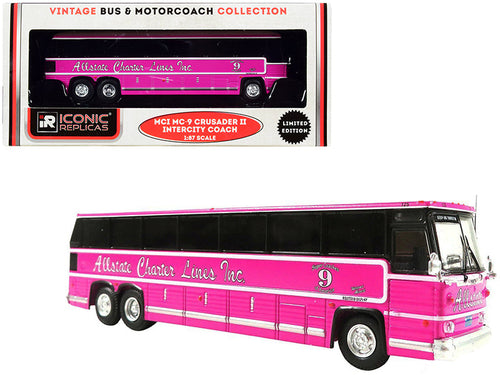 Load image into Gallery viewer, 1980 MCI MC-9 Crusader II Intercity Coach Bus Pink "Allstate Charter Lines Inc." "Vintage Bus &amp; Motorcoach Collection" 1/87 (HO) Diecast Model by Iconic Replicas
