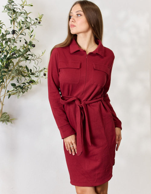 Load image into Gallery viewer, Culture Code Full Size Tie Front Half Zip Long Sleeve Shirt Dress

