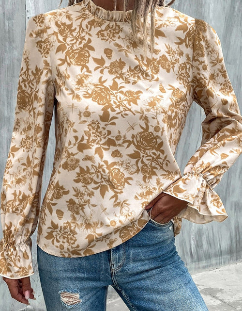 Load image into Gallery viewer, Floral Print Mock Neck Flounce Sleeve Blouse
