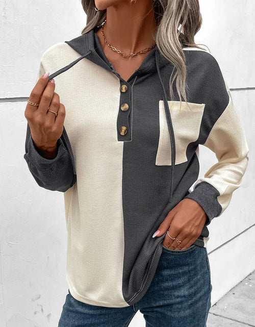 Load image into Gallery viewer, Drawstring Quarter Button Contrast Long Sleeve Hoodie

