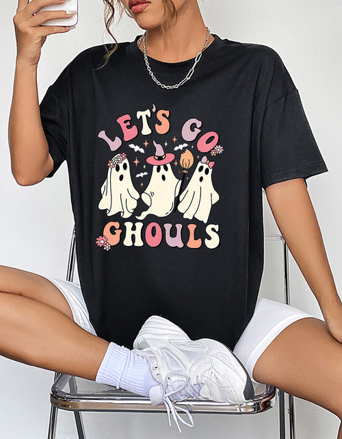 Load image into Gallery viewer, Round Neck Short Sleeve LET'S GO GHOULS Graphic T-Shirt
