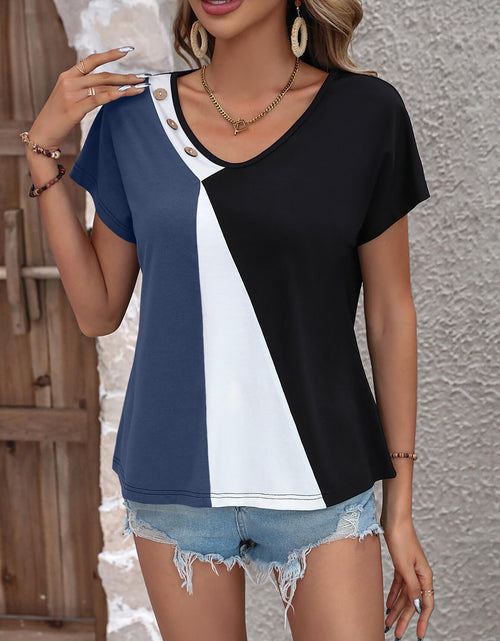 Load image into Gallery viewer, Ivy Lane Color Block Decorative Button V-Neck Tee
