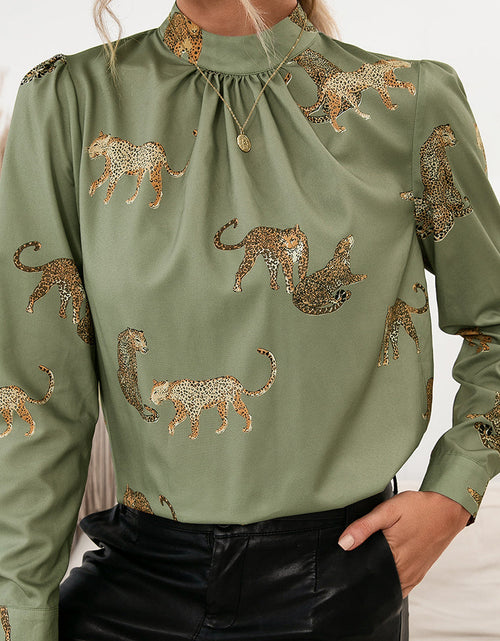 Load image into Gallery viewer, Ivy Lane Leopard Graphic Mock Neck Puff Sleeve Blouse
