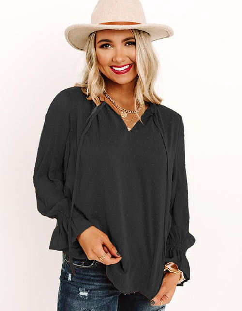 Load image into Gallery viewer, Swiss Dot Tie Neck Flounce Sleeve Blouse
