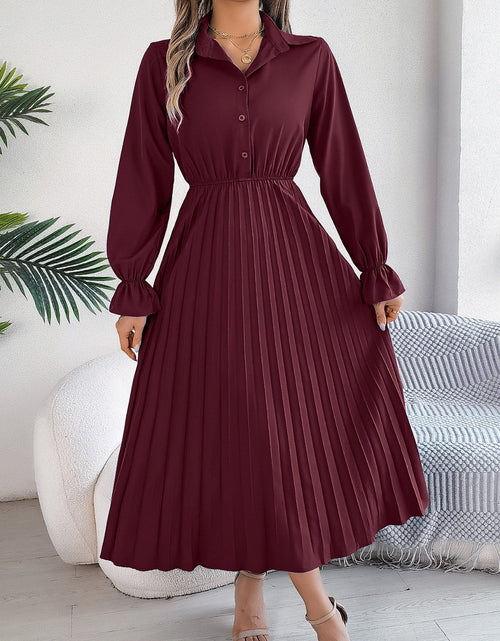 Load image into Gallery viewer, Pleated Half Button Long Sleeve Midi Dress
