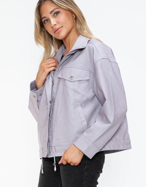 Load image into Gallery viewer, How Dare U Drawstring Hem PU Leather Zip Up Jacket
