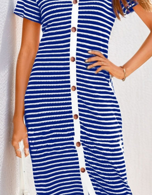 Load image into Gallery viewer, Contrast Striped V-Neck Short Sleeve Midi Dress
