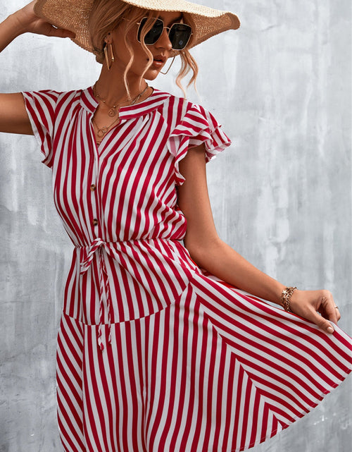 Load image into Gallery viewer, Ruffled Striped Cap Sleeve Mini Dress
