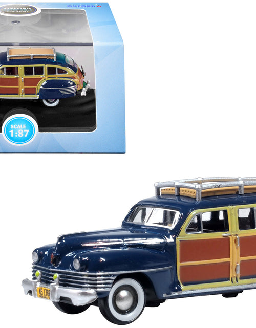 Load image into Gallery viewer, 1942 Chrysler Town &amp; Country Woody Wagon South Sea Blue with Wood Panels and Roof Rack 1/87 (HO) Scale Diecast Model Car by Oxford Diecast
