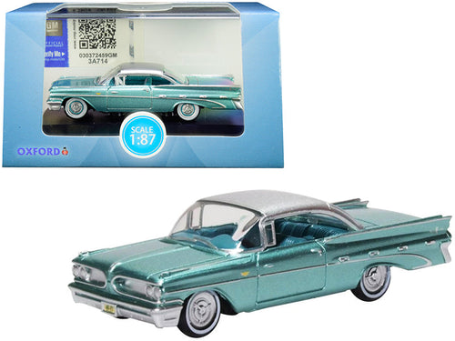 Load image into Gallery viewer, 1959 Pontiac Bonneville Coupe Seaspray Green with Silver Top 1/87 (HO) Scale Diecast Model Car by Oxford Diecast
