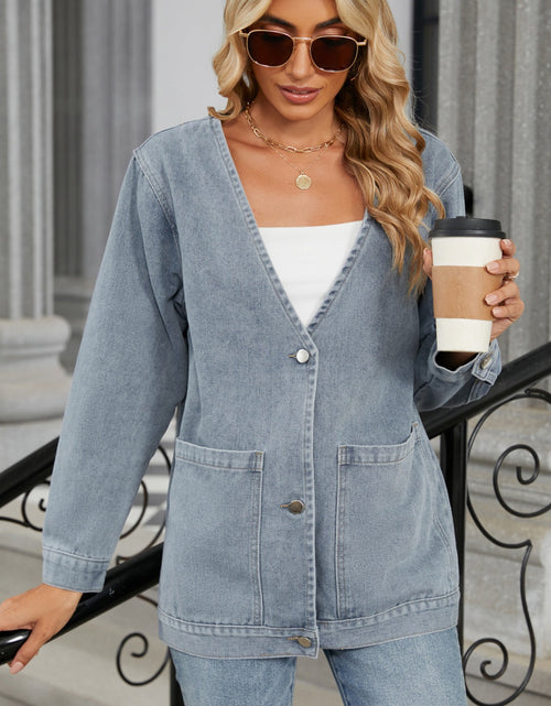 Load image into Gallery viewer, Pocketed V-Neck Button Up Denim Jacket
