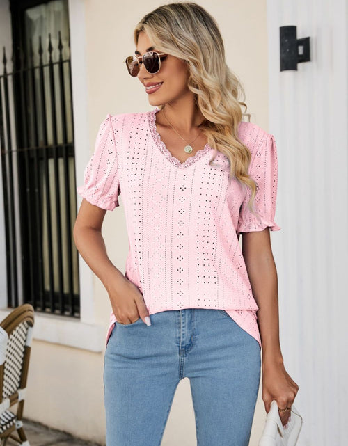 Load image into Gallery viewer, Eyelet Flounce Sleeve Scalloped V-Neck Top
