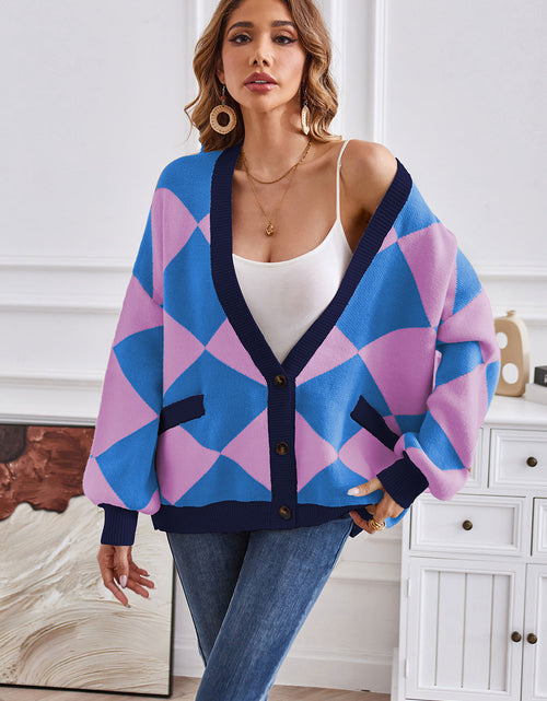 Load image into Gallery viewer, Geometric Lantern Sleeve Cardigan with Pockets

