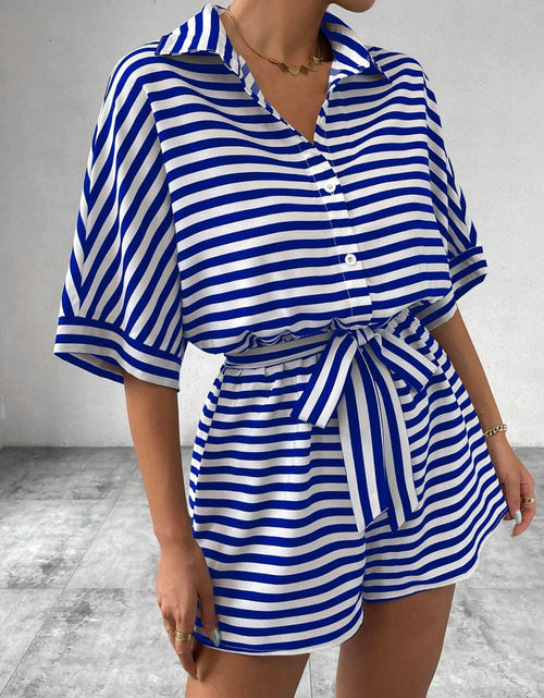 Load image into Gallery viewer, Tie Waist Half Button Striped Romper
