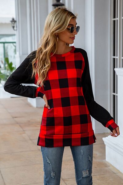 Load image into Gallery viewer, Plaid Round Neck Long Sleeve T-Shirt
