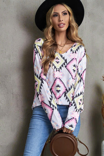 Load image into Gallery viewer, Geometric V-Neck Long Sleeve T-Shirt
