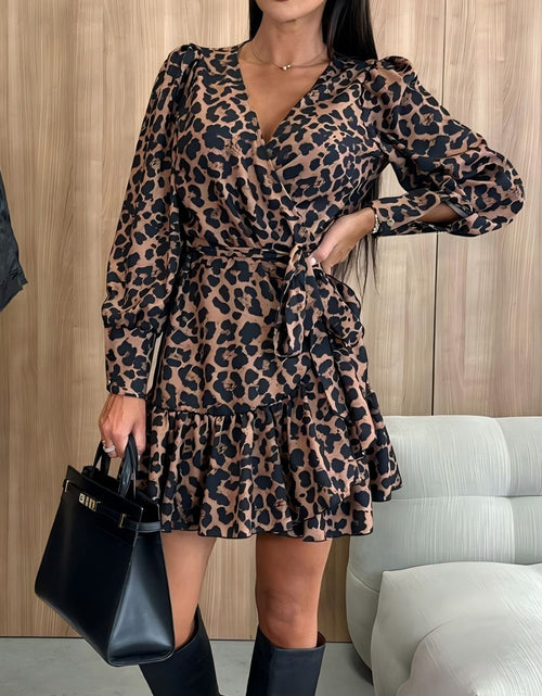 Load image into Gallery viewer, Tied Leopard Surplice Long Sleeve Dress
