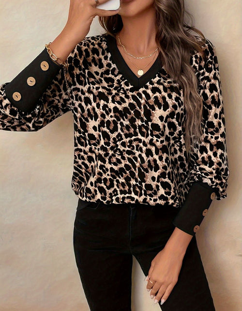 Load image into Gallery viewer, Decorative Button Leopard V-Neck Long Sleeve T-Shirt
